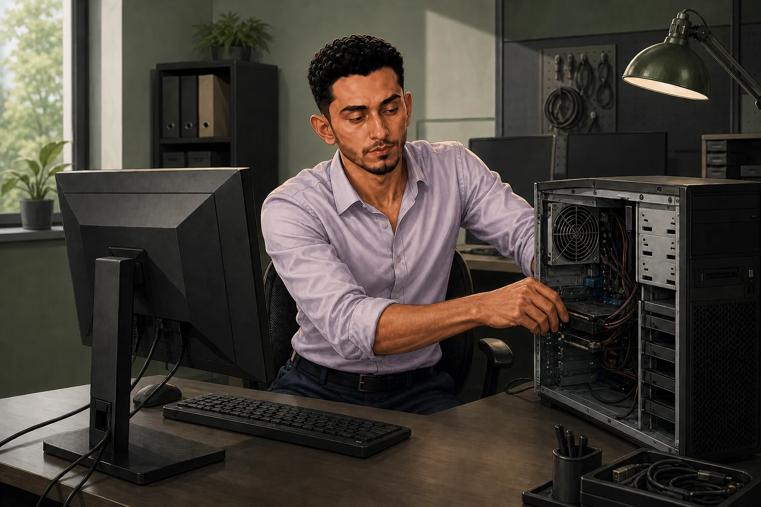 Mohamed looking into an open desktop computer while diagnosing its internal components