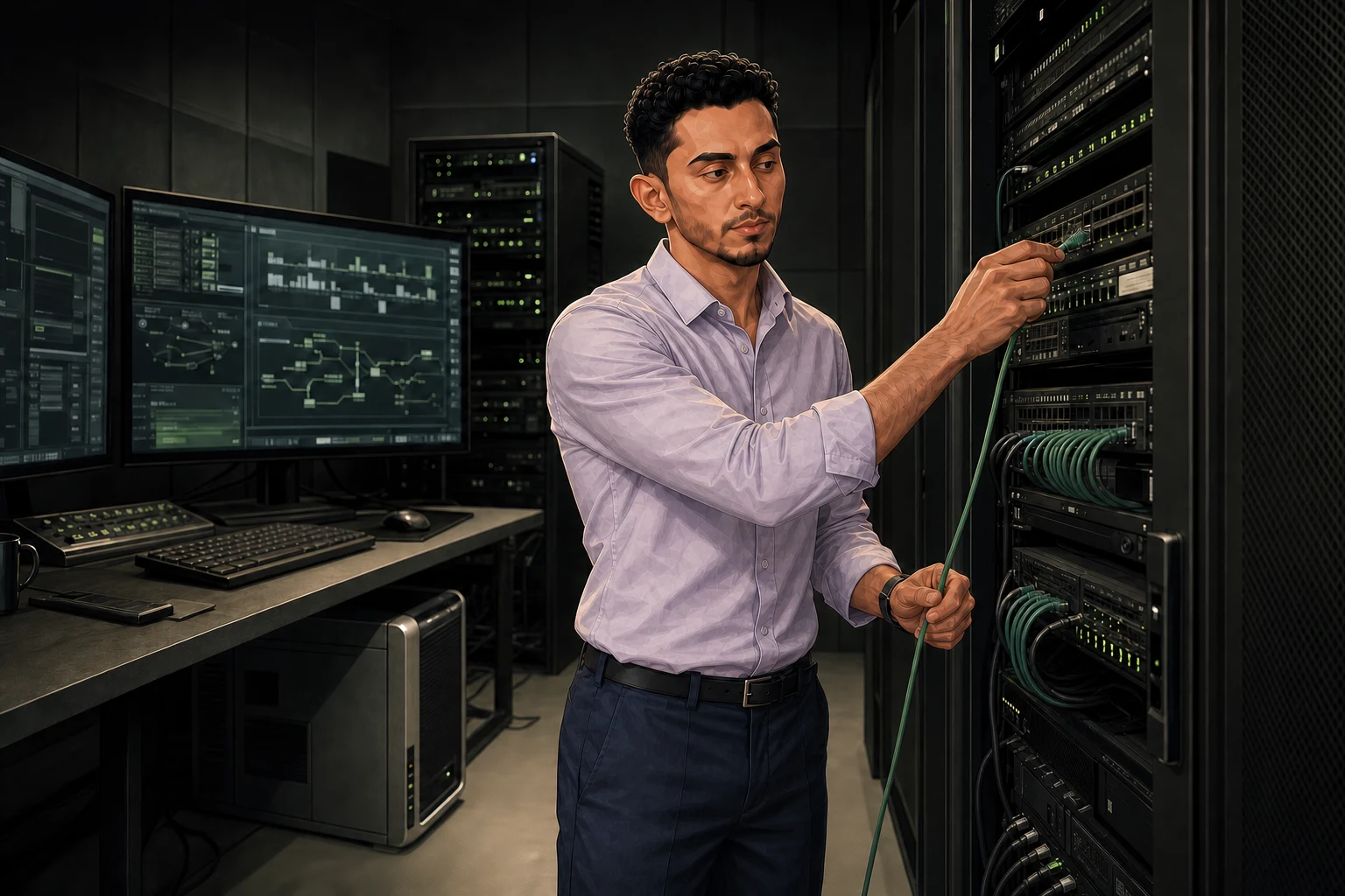 Mohamed looking at the network switch port while connecting an Ethernet cable