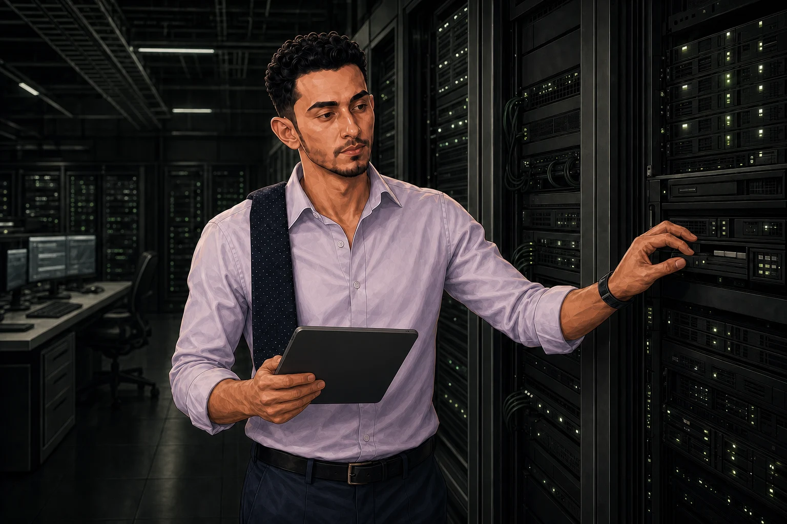 Mohamed looking at a server control panel while holding a tablet with its screen facing him