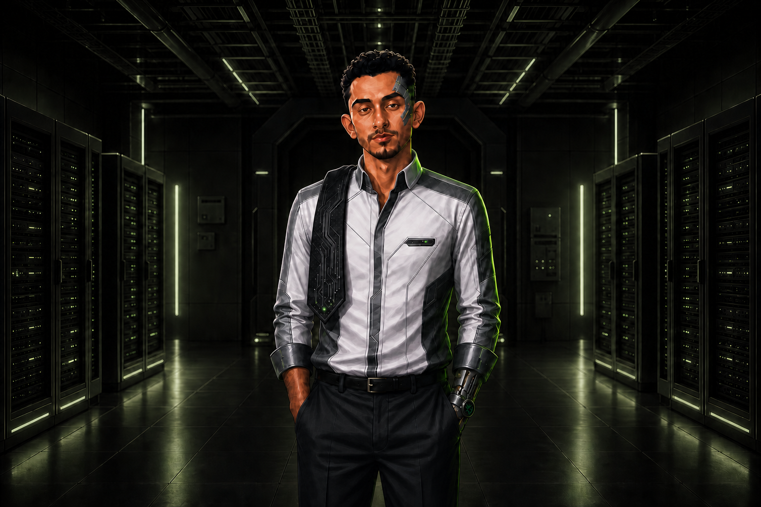 Cyberpunk illustration of Mohamed Ahmed standing in a server operations hall