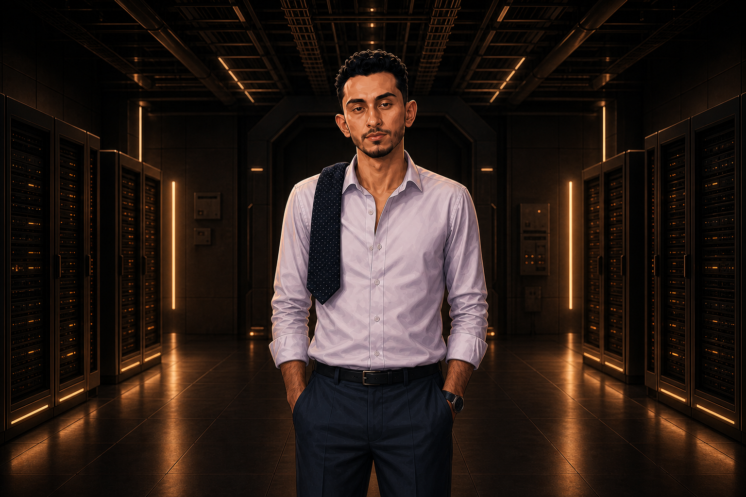 Illustration of Mohamed Ahmed standing in a server operations hall